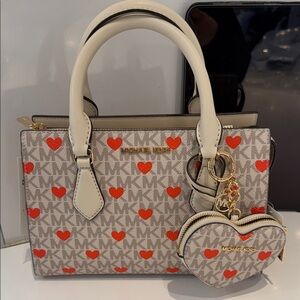 Michael Kors Cream Logo Satchel with Red Heart Print and Heart Coin Pouch